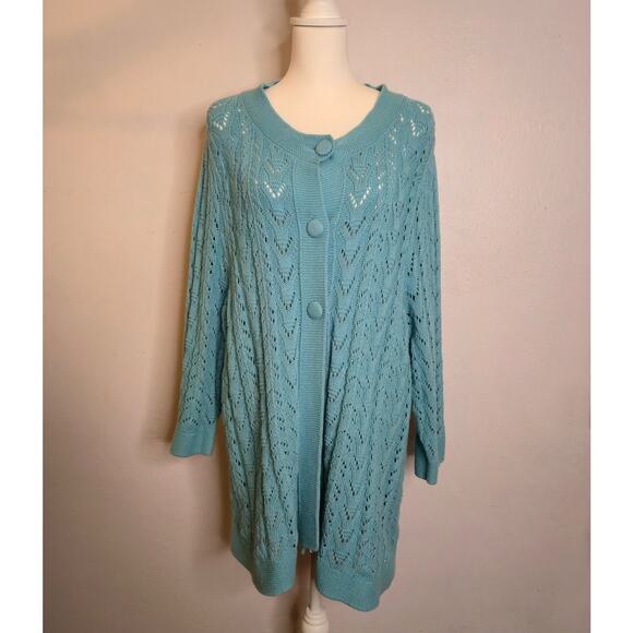 Cotton Blend Loose Cable Knit Big Button Cardigan Blue Size 3X Feminine Layering - Picture 1 of 12